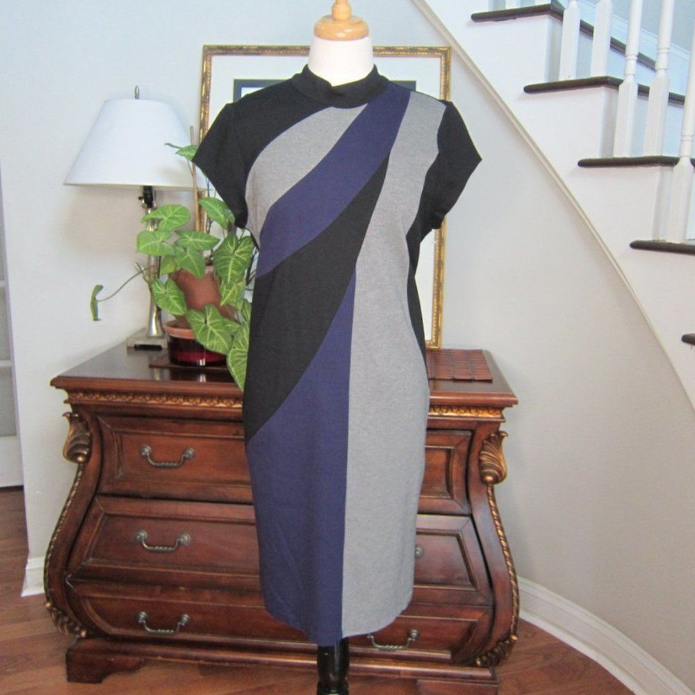 CHICO'S Travelers Swirl Pattern Colorblock Stretch Packable Dress Sz 2, L, 12-14